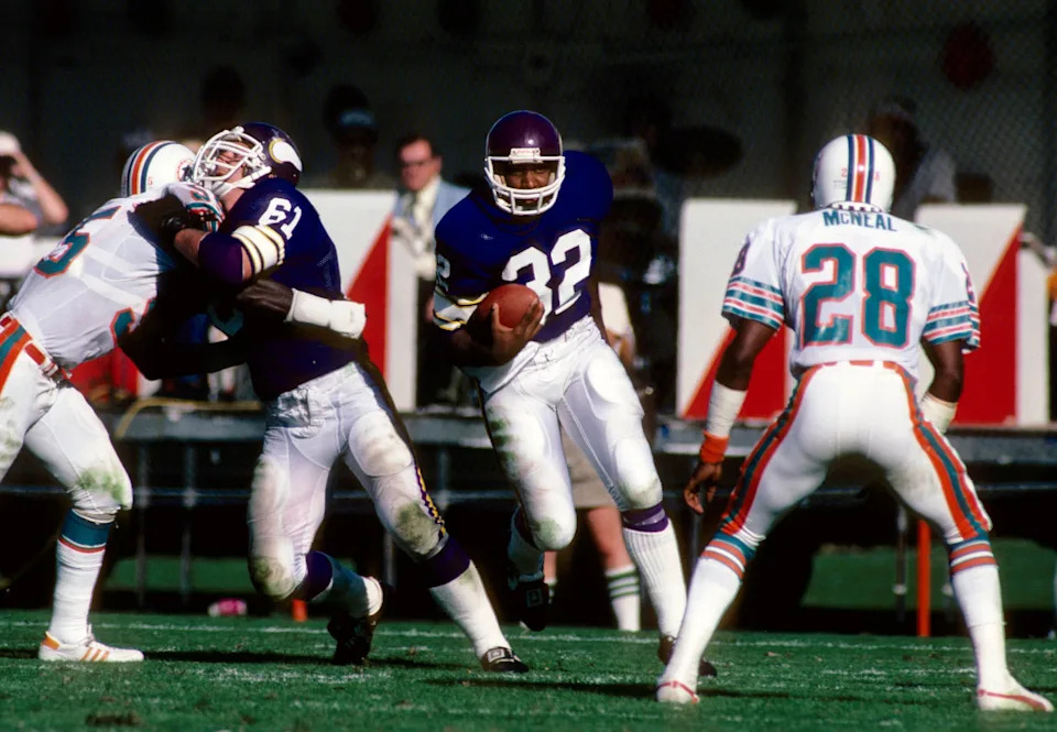 Dec 5, 1982; Miami, FL, USA; FILE PHOTO; Minnesota Vikings running back Tony Galbreath (32) carries the ball against the Miami Dolphins at the Orange Bowl. Mandatory Credit: Manny Rubio-USA TODAY Sports