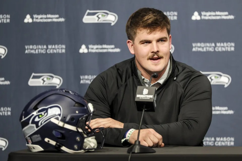 Seattle Seahawks player at a press conference.
