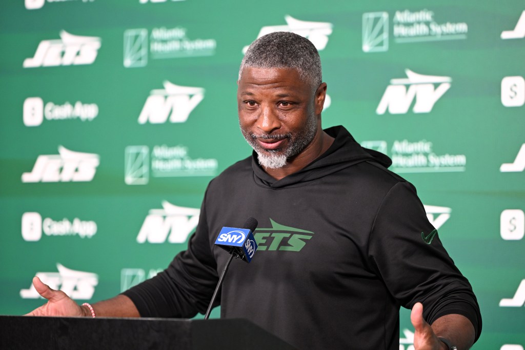 Jets coach Aaron Glenn speaks to the media during the rookie minicamp in Florham Park, NJ. 