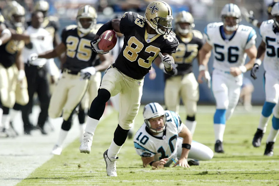 Oct 5, 2003; Charlotte, NC, USA; FILE PHOTO; New Orleans Saints receiver (83) Donte Stallworth in action against the Carolina Panthers during the 2003 season. Mandatory Credit: Photo By Preston Mack-USA TODAY Sports