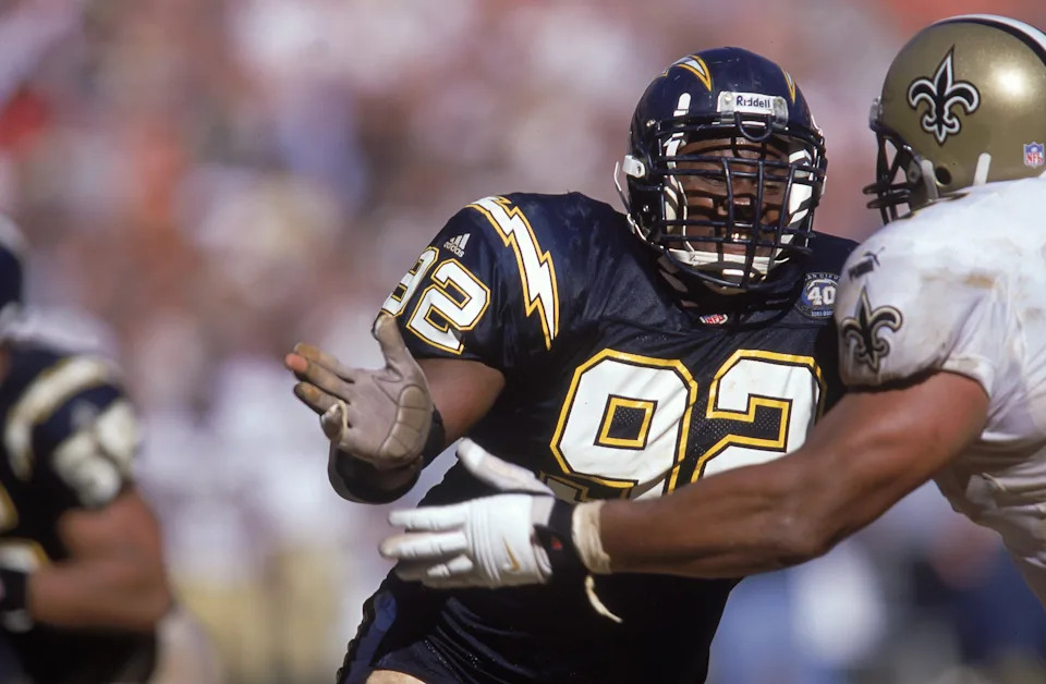 10 Sep 2000: Darren Mickell #92 of the San Diego Chargers moves to block during the game against the New Orleans Saints at Qualcomm Stadium in San Diego, California. The Saints defeated the Chargers 28-27.Mandatory Credit: Stephen Dunn /Allsport