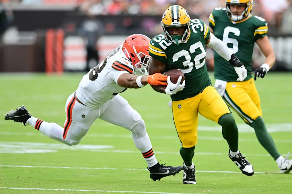 Packers rookie running back Marshawn Lloyd runs against the Browns in the 2024 preseason. Ken Blaze-USA TODAY Sports