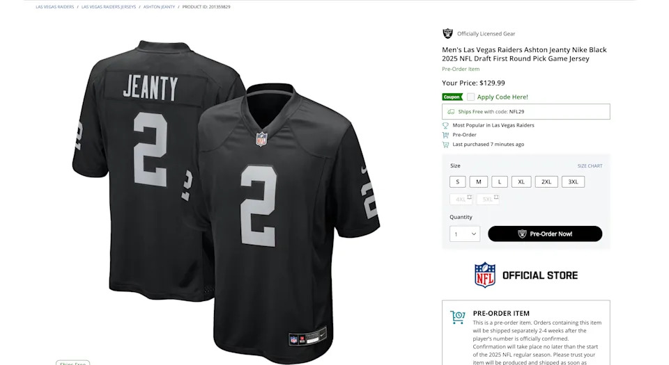 Screenshot of Ashton Jeanty's jersey at NFL shop.