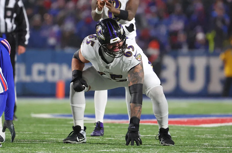 ORCHARD PARK, NEW YORK - JANUARY 19: Patrick Mekari #65 of the Baltimore Ravens waits for the snap against the Buffalo Bills during the AFC divisional round game at Highmark Stadium on January 19, 2025 in Orchard Park, New York. (Photo by Timothy T Ludwig/Getty Images)