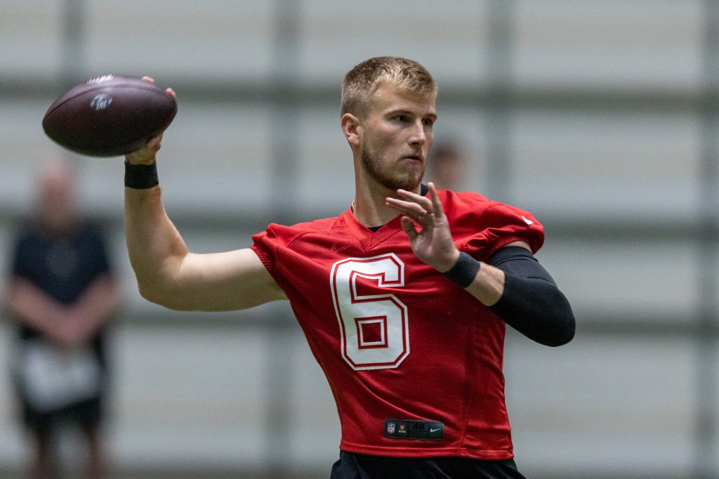 Tyler Shough throws during Saints rookie camp on May 10, 2025.