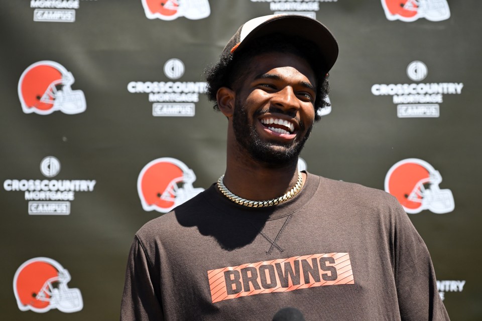 Shedeur Sanders #12 of the Cleveland Browns at a press conference.