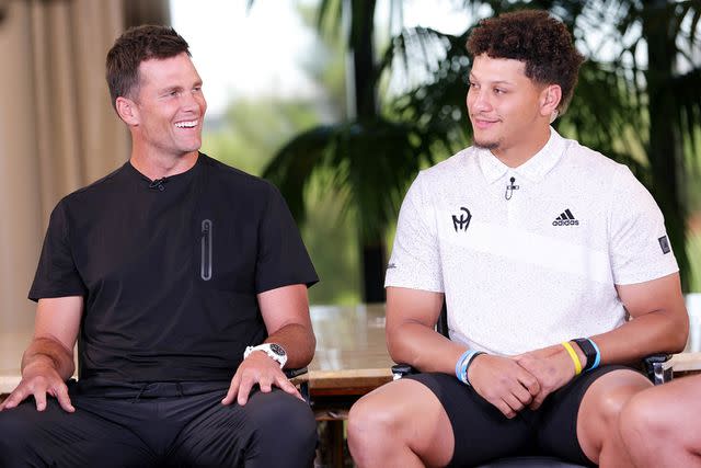 Carmen Mandato/Getty Tom Brady and Patrick Mahomes at their 2022 golf match with Josh Allen and Aaron Rodgers (not pictured)