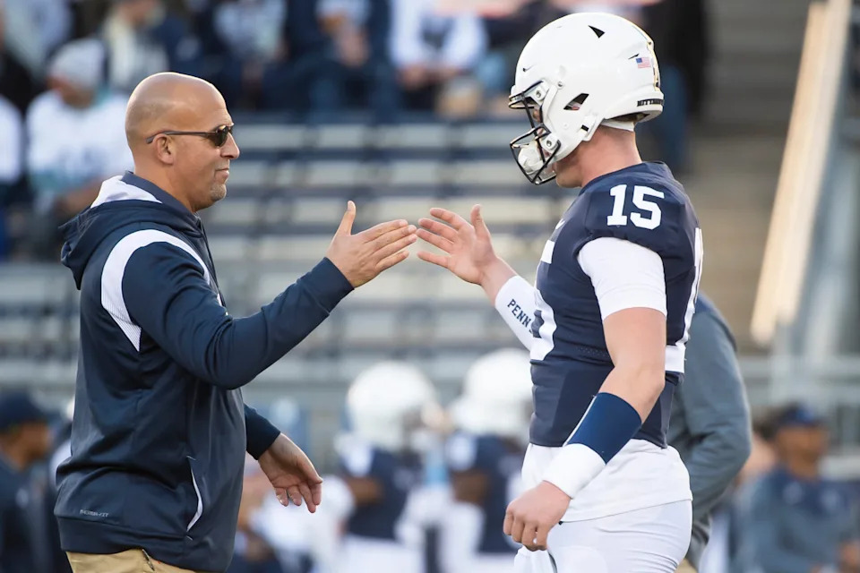 Penn State head coach James Franklin greets freshman quarterback Drew Allar during pre-game warmups at Beaver Stadium on Saturday, Nov. 26, 2022, in State College.
Hes Dr 112622 Psumsu
