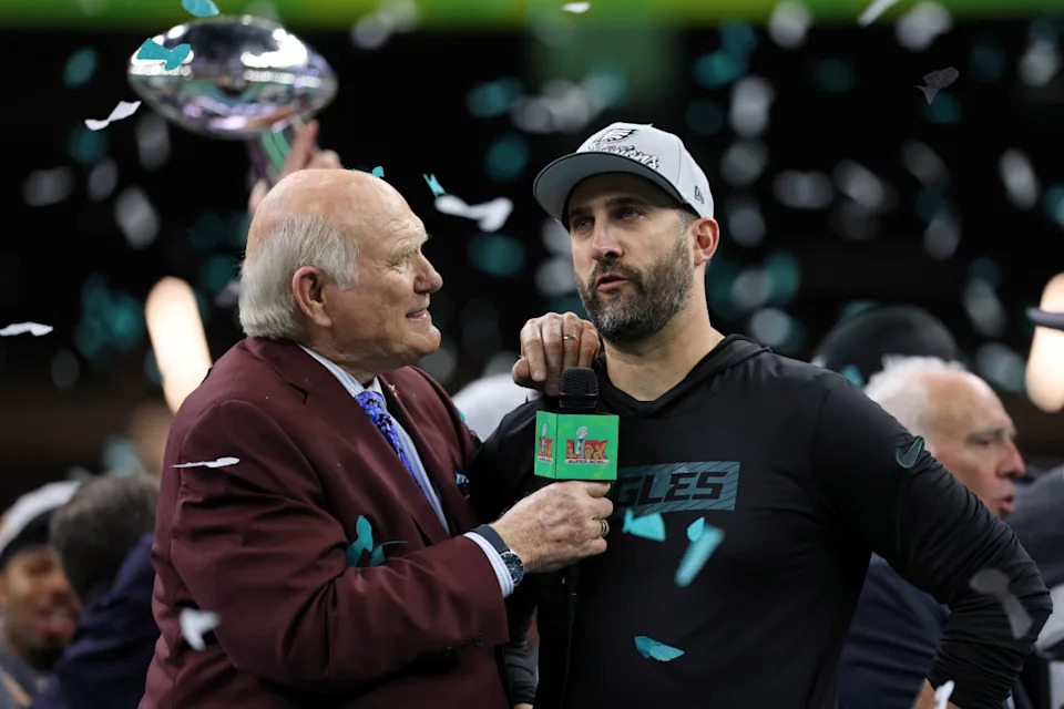 Philadelphia Eagles head coach Nick Sirianni with Fox NFL Sunday co-host Terry Bradshaw after Super Bowl LIX.Geoff Burke-Imagn Images