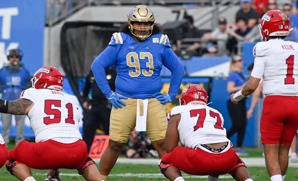 Nov 30, 2024; Pasadena, California, USA; UCLA Bruins defensive lineman Jay Toia (93) during the second quarter against the Fresno State Bulldogs at Rose Bowl. Mandatory Credit: Robert Hanashiro-Imagn Images