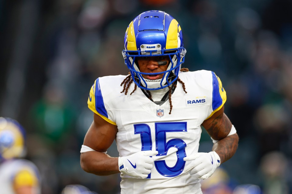 Los Angeles Rams player Demarcus Robinson #15 warming up before a game.