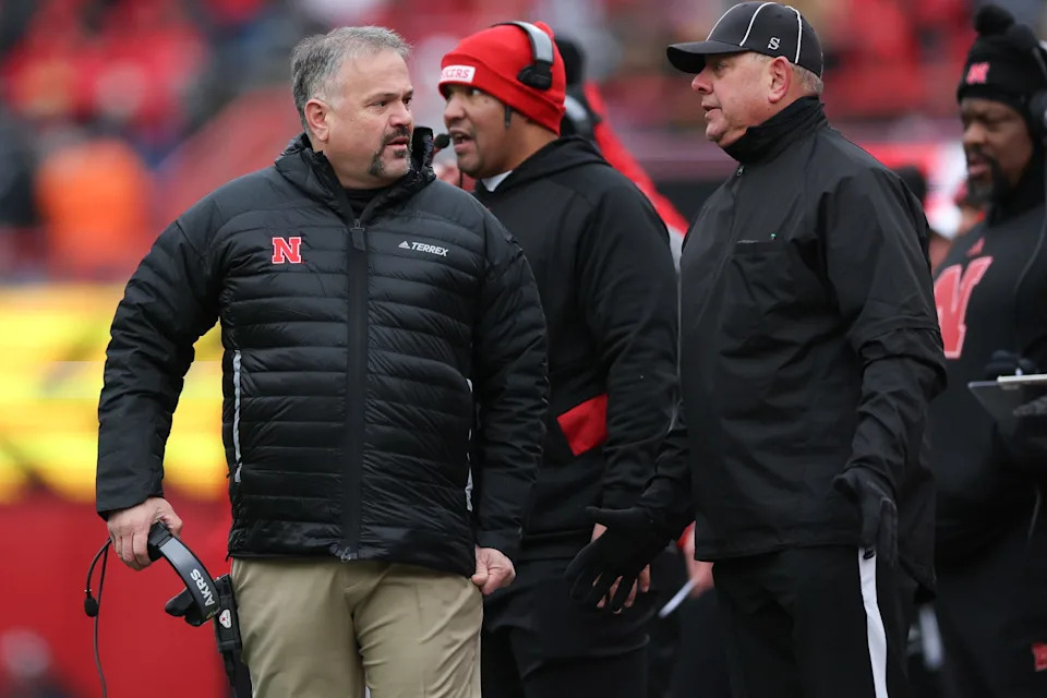 Nov 24, 2023; Lincoln, Nebraska, USA; Nebraska Cornhuskers head coach Matt Rhule talks to the official during their game with the Iowa Hawkeyes at Memorial Stadium. Mandatory Credit: Reese Strickland-USA TODAY Sports
