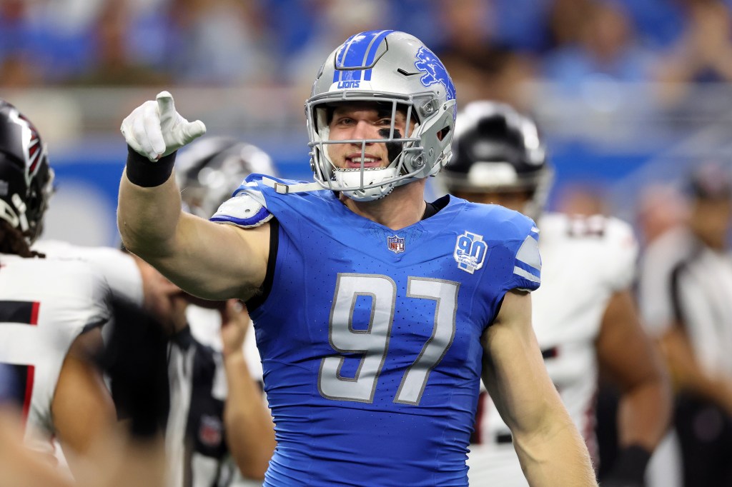 Aidan Hutchinson #97 of the Detroit Lions reacts after a second quarter sack against the Atlanta Falcons at Ford Field on September 24, 2023 in Detroit, Michigan.