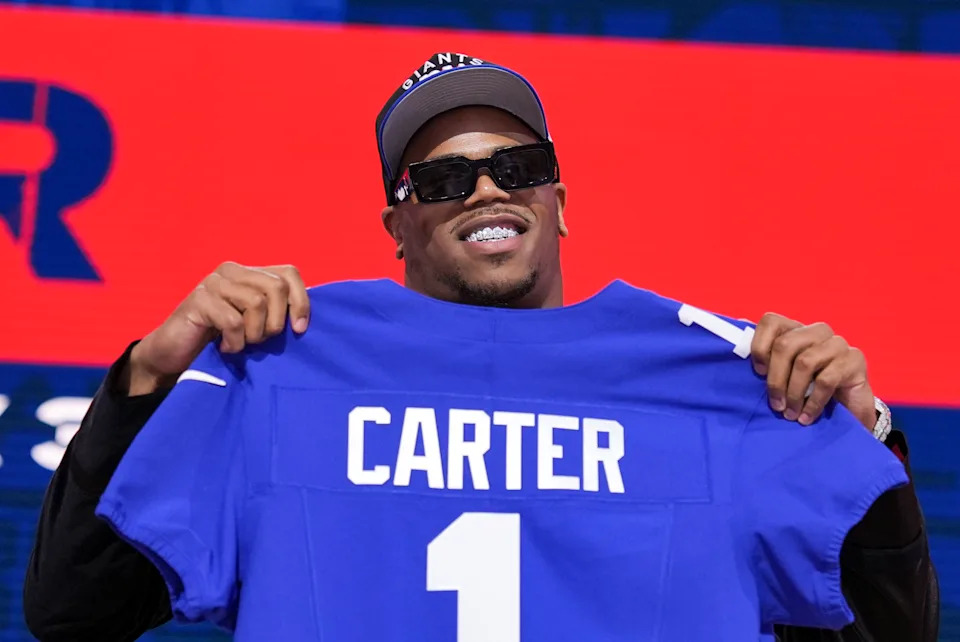 GREEN BAY, WISCONSIN - APRIL 24: Penn State defensive end Abdul Carter poses after being selected third overall by the New York Giants during the first round of the 2025 NFL Draft on April 24, 2025 in Green Bay, Wisconsin. (Photo by Perry Knotts/Getty Images)