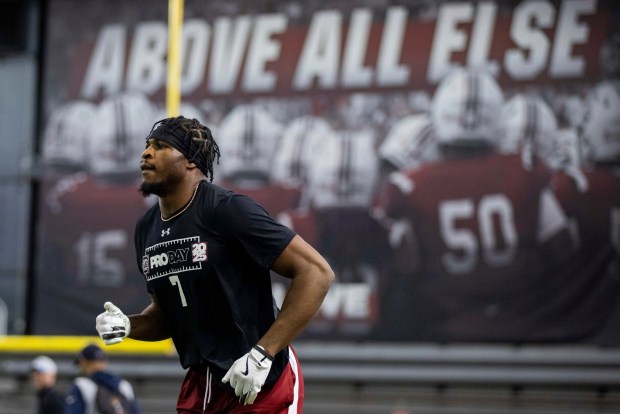 South Carolina's Nick Emmanwori runs during the school's Pro Day event on March 18, 2025, in Columbia, S.C. (AP Photo/Scott Kinser)