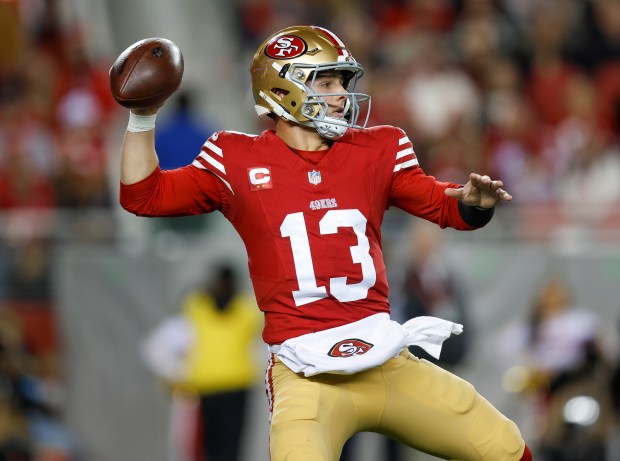San Francisco 49ers starting quarterback Brock Purdy (13) looks to throw against the Detroit Lions in the first quarter at Levi's Stadium in Santa Clara, Calif., on Monday, Dec. 30, 2024. (Nhat V. Meyer/Bay Area News Group)