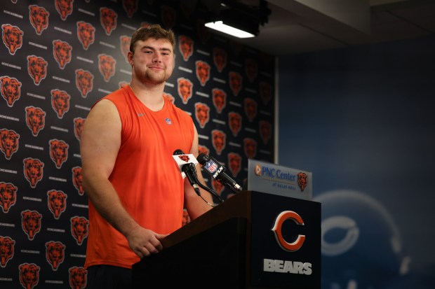 Bears offensive tackle Ozzy Trapilo speaks with the media after rookie minicamp at Halas Hall on Friday, May 9, 2025, in Lake Forest. (Stacey Wescott/Chicago Tribune)