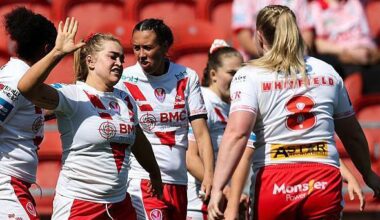 St Helens forward Shona Hoyle lifts an arm in celebration of her try against York Valkyrie in the Challenge Cup semi-final