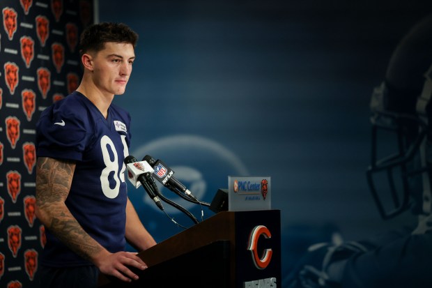 Bears first-round draft pick Colston Loveland speaks with the media following rookie minicamp at Halas Hall on May 9, 2025, in Lake Forest. (Stacey Wescott/Chicago Tribune)