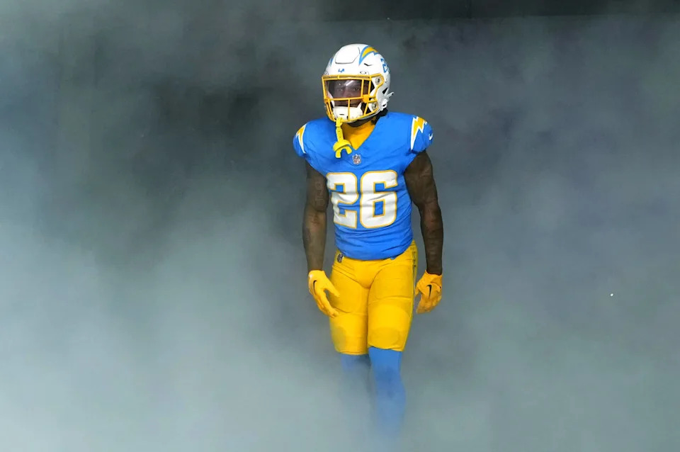 Dec 23, 2023; Inglewood, California, USA; Los Angeles Chargers cornerback Asante Samuel Jr. (26) enters the field before the game against the Buffalo Bills at SoFi Stadium. Mandatory Credit: Kirby Lee-Imagn Images© Kirby Lee-Imagn Images