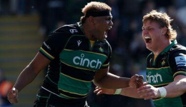 Northampton Saints' Tarek Haffar celebrates scoring a try against Saracens