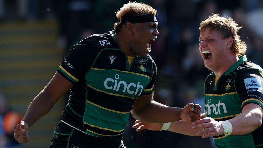Northampton Saints' Tarek Haffar celebrates scoring a try against Saracens