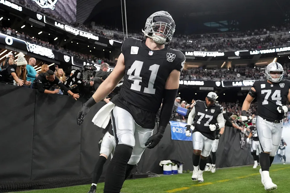Dec 22, 2024; Paradise, Nevada, USA; Las Vegas Raiders linebacker Robert Spillane (41) enters the field before the game against the Jacksonville Jaguars at Allegiant Stadium. Mandatory Credit: Kirby Lee-Imagn Images