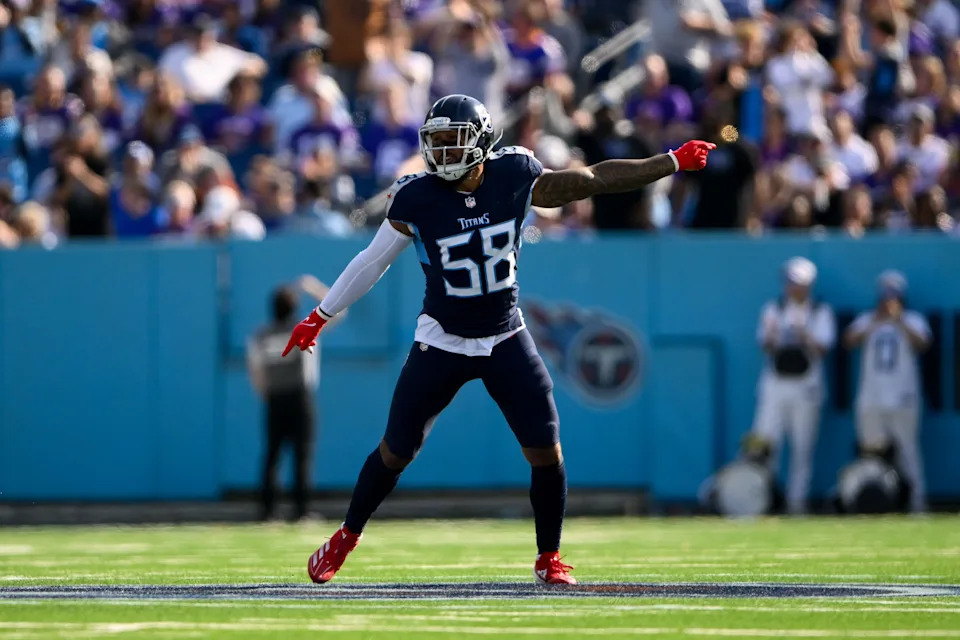 Nov 17, 2024; Nashville, Tennessee, USA; Tennessee Titans linebacker Harold Landry III (58) celebrates the fumble recovery against the Minnesota Vikings during the first half at Nissan Stadium. Mandatory Credit: Steve Roberts-Imagn Images