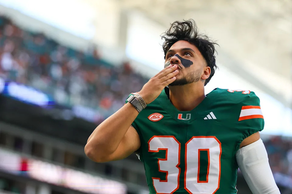 Nov 23, 2024; Miami Gardens, Florida, USA; Miami Hurricanes place kicker Andres Borregales (30) blows a kiss before the game against the Wake Forest Demon Deacons at Hard Rock Stadium. Mandatory Credit: Sam Navarro-Imagn Images
