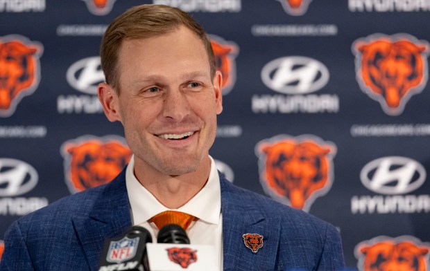 Bears coach Ben Johnson on Jan. 22, 2025, at Halas Hall. (Brian Cassella/Chicago Tribune)