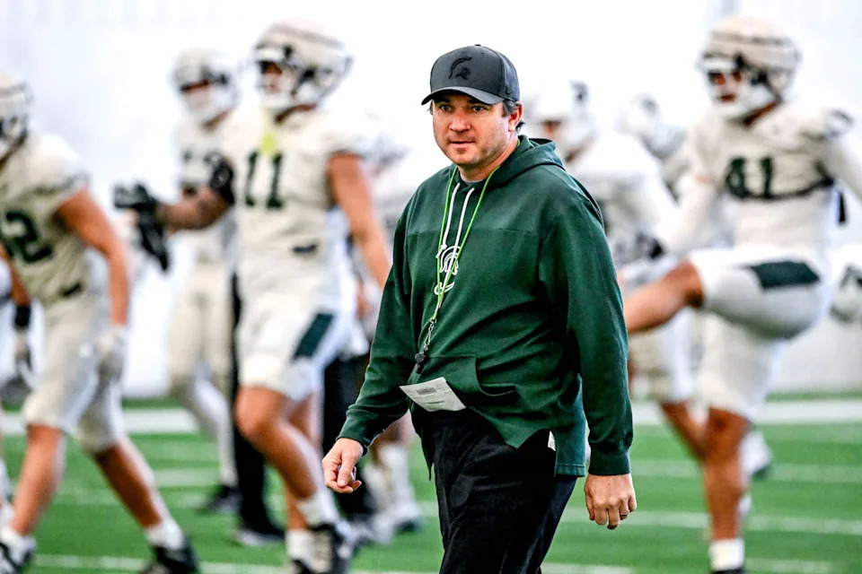 Michigan State football head coach Jonathan Smith looks on during practice on Tuesday, April 8, 2025, in East Lansing.