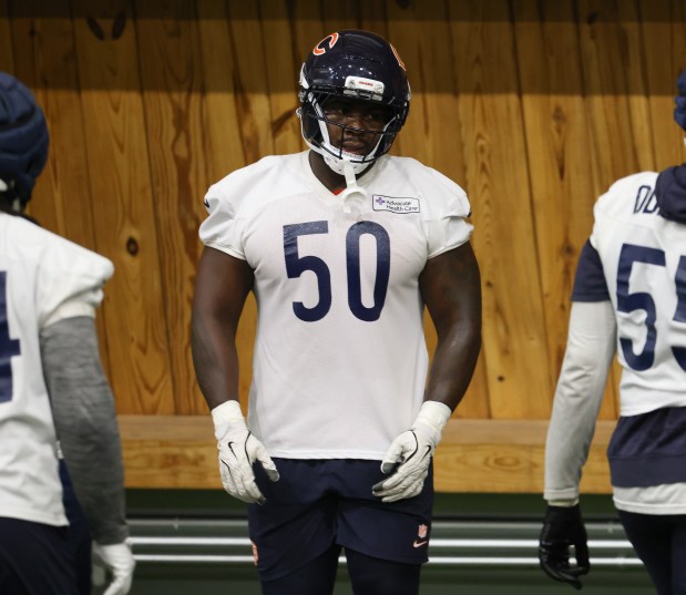 Grady Jarrett (50) works out during the Bears organized team activities in the Walter Payton Center at Halas Hall on May 21, 2025, in Lake Forest. (John J. Kim/Chicago Tribune)