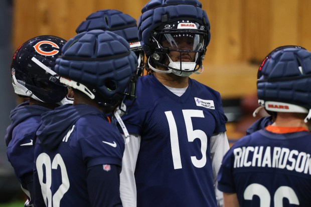 Rome Odunze (15) works out during the Bears organized team activities in the Walter Payton Center at Halas Hall on May 21, 2025, in Lake Forest. (John J. Kim/Chicago Tribune)