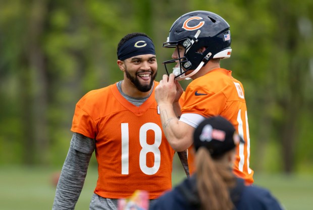 Bears quarterbacks Caleb Williams and Austin Reed practice Wednesday, May 28, 2025, at Halas Hall. (Brian Cassella/Chicago Tribune)
