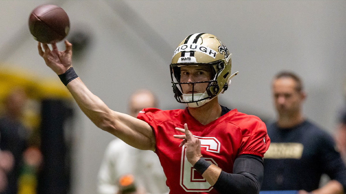 New Orleans Saints quarterback Tyler Shough (6) during rookie minicamp at Ochsner Sports Performance Center.
