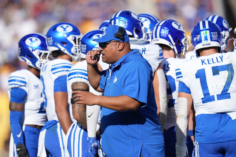 BYU head coach Kalani Sitake pauses on the sideline during game against Arizona State Saturday, Nov. 23, 2024, in Tempe, Ariz.