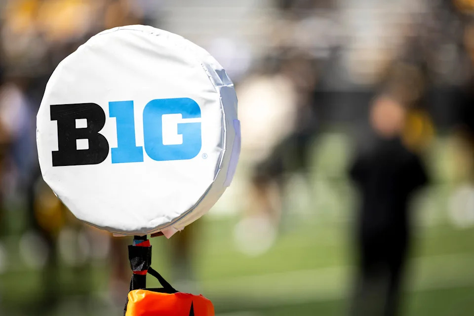 Apr 26, 2025; Iowa City, IA, USA; A detail view of a logo for the Big Ten Conference is seen during a spring NCAA football open practice at Kinnick Stadium. Mandatory Credit: Joseph Cress/For the Register