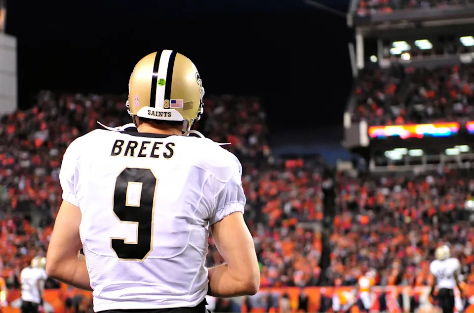 Oct 28, 2012; Denver, CO, USA; New Orleans Saints quarterback Drew Brees (9) waits to take the field in the first quarter against the Denver Broncos at Sports Authority Field. Mandatory Credit: Byron Hetzler-USA TODAY Sports