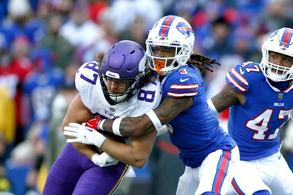 ORCHARD PARK, NEW YORK - NOVEMBER 13: Damar Hamlin #3 of the Buffalo Bills tackles Kirk Cousins #8 of the Minnesota Vikings during the fourth quarter at Highmark Stadium on November 13, 2022 in Orchard Park, New York. (Photo by Isaiah Vazquez/Getty Images)