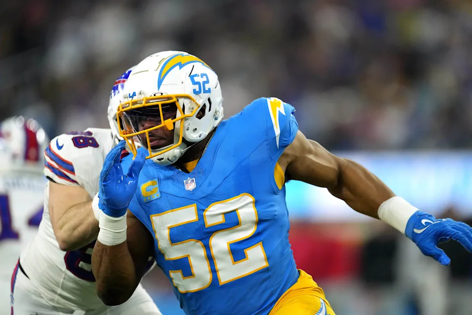 Dec 23, 2023; Inglewood, California, USA; Los Angeles Chargers linebacker Khalil Mack (52) rushes against the Buffalo Bills in the second half at SoFi Stadium. Mandatory Credit: Kirby Lee-USA TODAY Sports