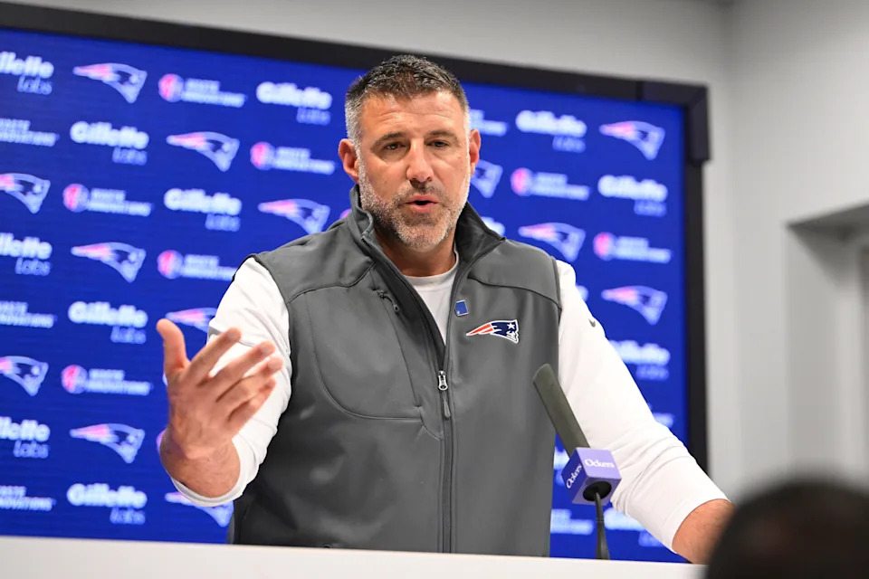 May 9, 2025; Foxborough, MA, USA; New England Patriots head coach Mike Vrabel speaks the to media during a press conference at Gillette Stadium. Mandatory Credit: Eric Canha-Imagn Images