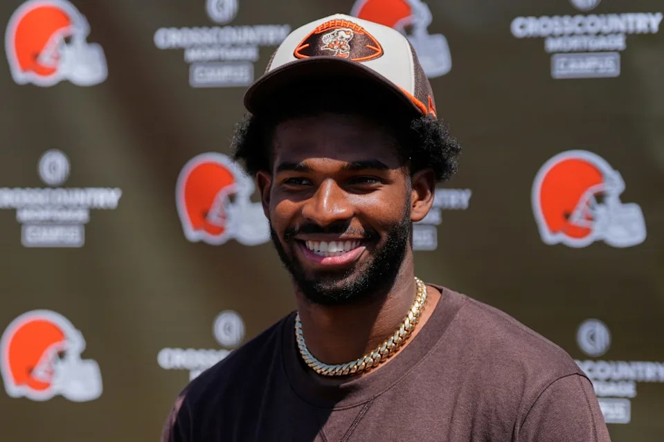 Cleveland Browns quarterback Shedeur Sanders (12) speaks at a news conference during the NFL football team’s rookie minicamp in Berea, Ohio, Saturday, May 10, 2025. AP