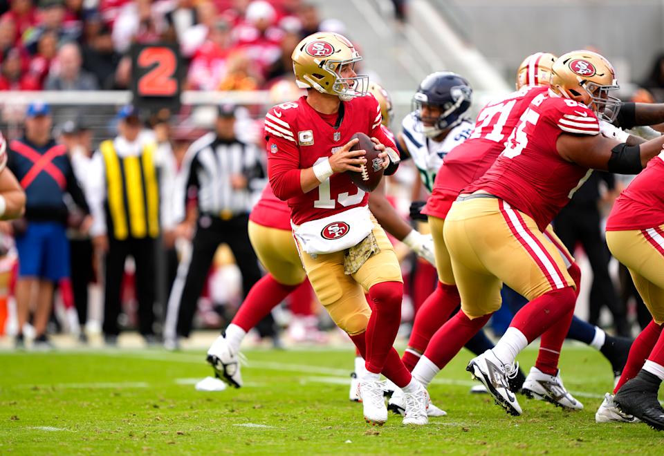 Brock Purdy and the 49ers led the NFL in under center dropbacks with no play action on early downs in 2024. (Photo by Thearon W. Henderson/Getty Images)