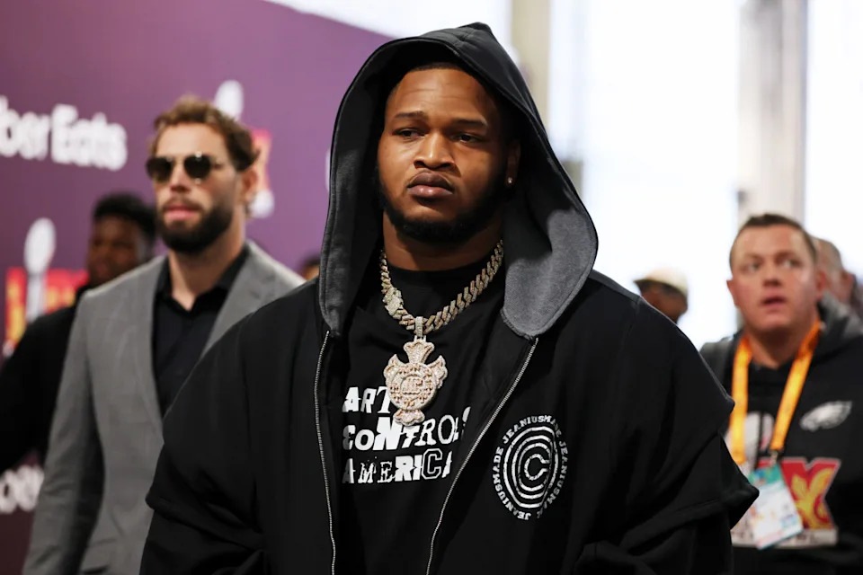 Feb 9, 2025; New Orleans, LA, USA; Philadelphia Eagles defensive tackle Jalen Carter (98) arrives before Super Bowl LIX at Caesars Superdome.Stephen Lew-Imagn Images