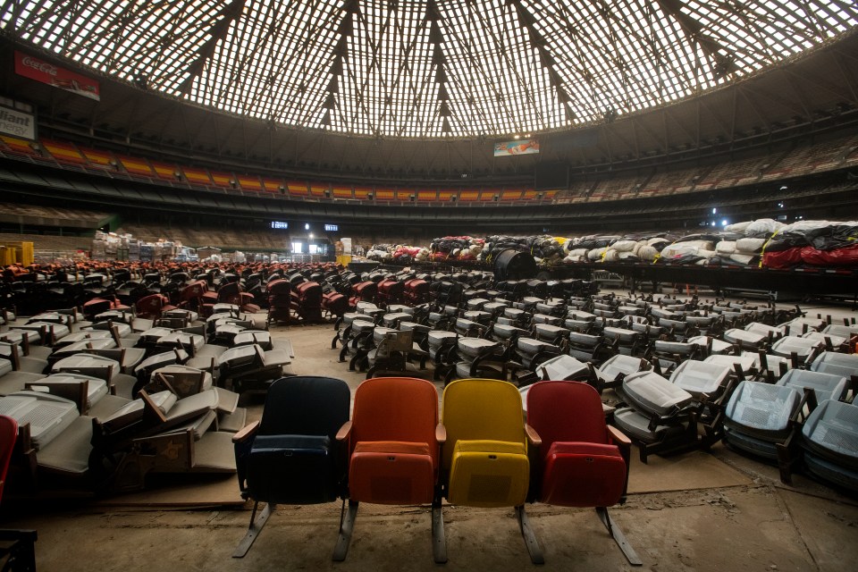 Hundreds of chairs sit under the giant dome that was once a feat of engineering marvel
