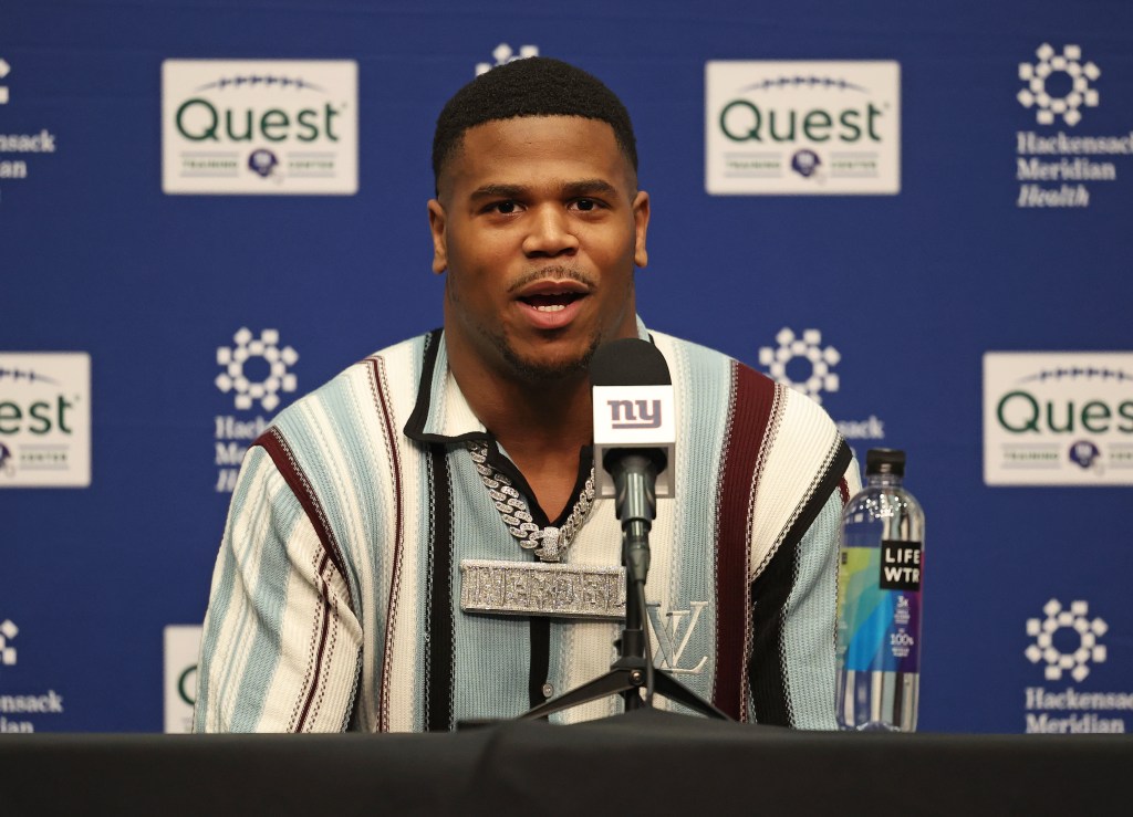New York Giants first round draft picks Abdul Carter when the New York Giants had a press conference to announce their new draft picks Abdul Carter of Penn State and Jaxson Dart of Mississippi Friday, April 25, 2025 at Quest Diagnostics Training Center in East Rutherford, NJ.