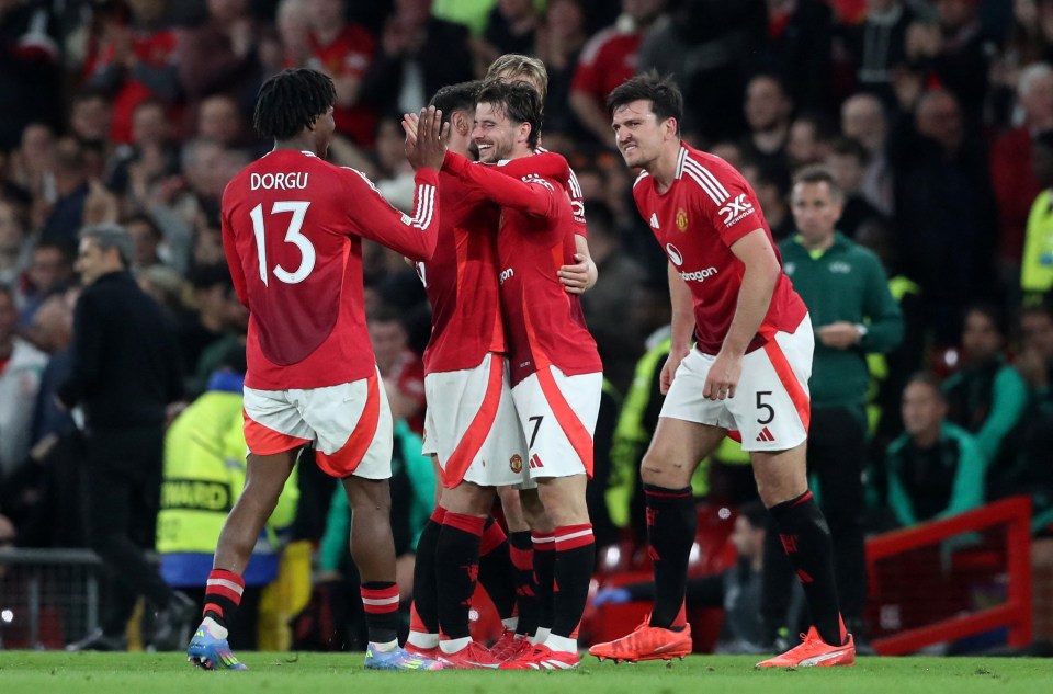 Manchester United players celebrating a goal.