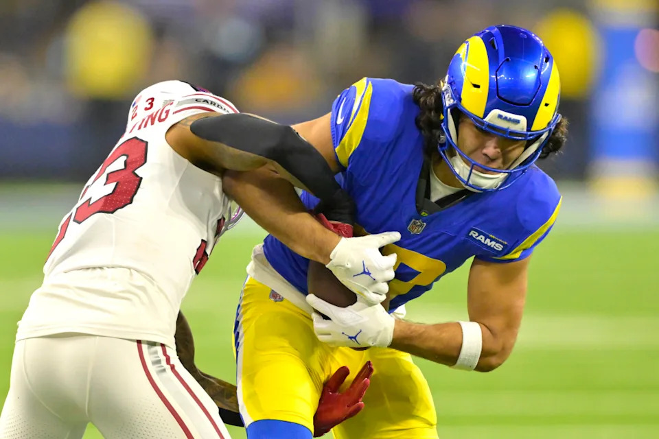Los Angeles Rams wide receiver Puka Nacua battles against the Arizona Cardinals at SoFi Stadium.Jayne Kamin-Oncea-Imagn Images