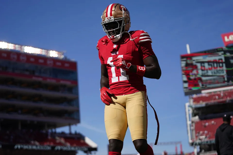 Brandon Aiyuk warms up before a game at Levi's Stadium. © Cary Edmondson-Imagn Images