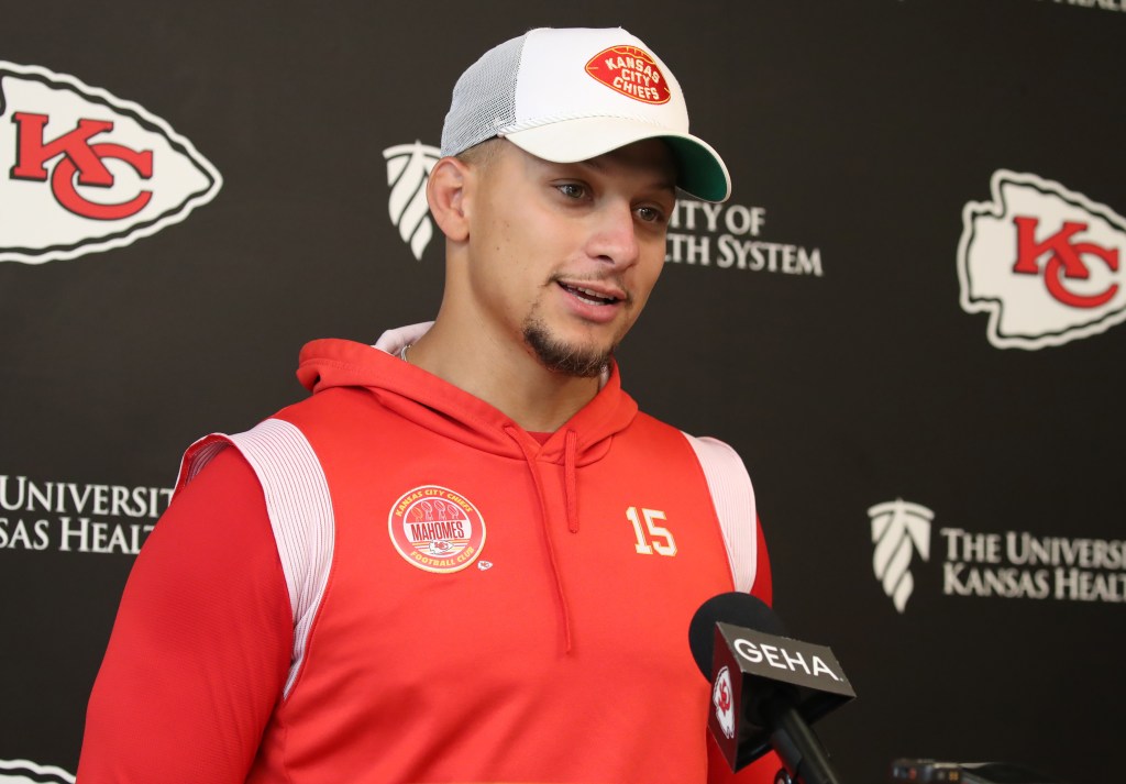 Quarterback Patrick Mahomes #15 of the Kansas City Chiefs speaks to the media during the press conference interviews after the Kansas City Chiefs OTAs at The University of Kansas Health System Training Complex on May 29, 2025 in Kansas City, Missouri. 